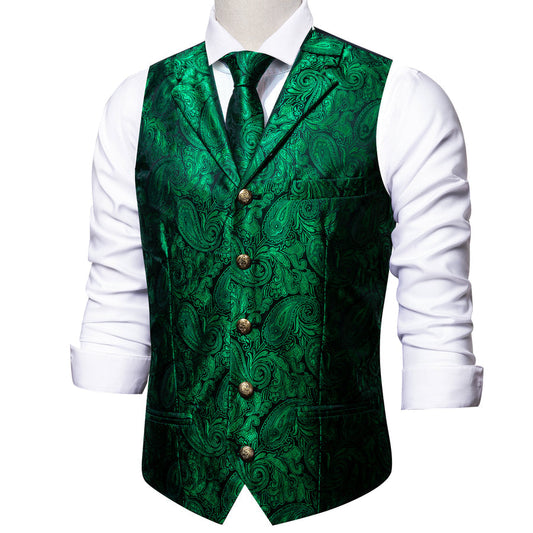 Green Paisley Metal Button Jacquard Vest Set vest set S (Chest 40")   - Sophisticated Gentlemen