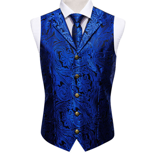 Royal Blue Paisley Jacquard Silk Vest Set with Metal Accents vest set    - Sophisticated Gentlemen