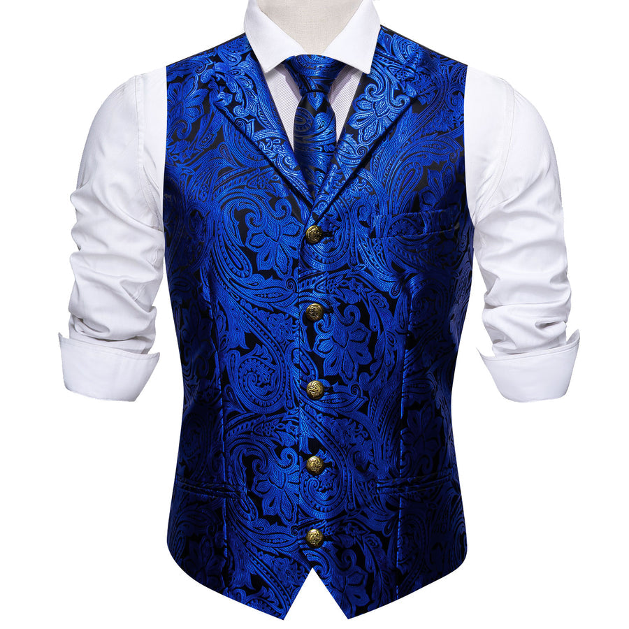 Royal Blue Paisley Jacquard Silk Vest Set with Metal Accents vest set    - Sophisticated Gentlemen
