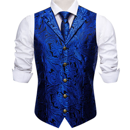 Royal Blue Paisley Jacquard Silk Vest Set with Metal Accents vest set    - Sophisticated Gentlemen