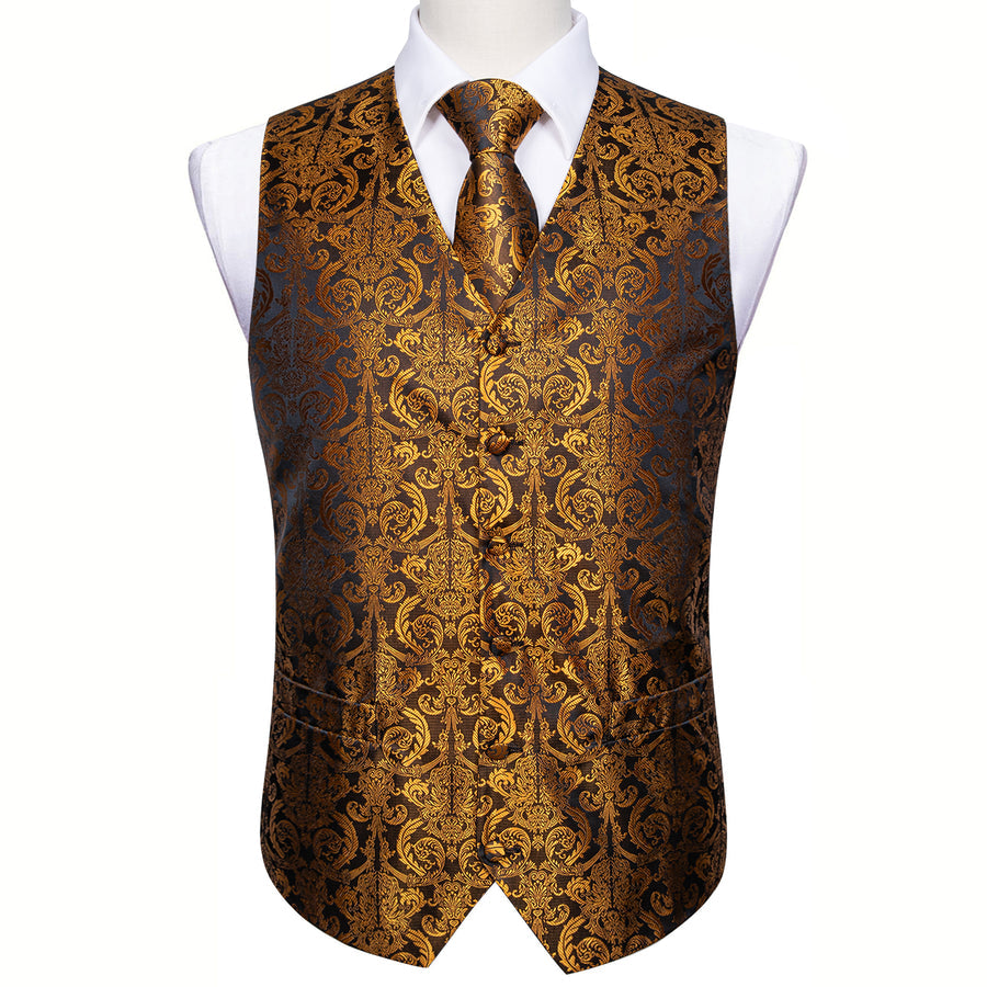 Golden Brown Paisley Jacquard Silk Men's Vest Set vest set    - Sophisticated Gentlemen