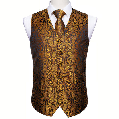 Golden Brown Paisley Jacquard Silk Men's Vest Set vest set    - Sophisticated Gentlemen