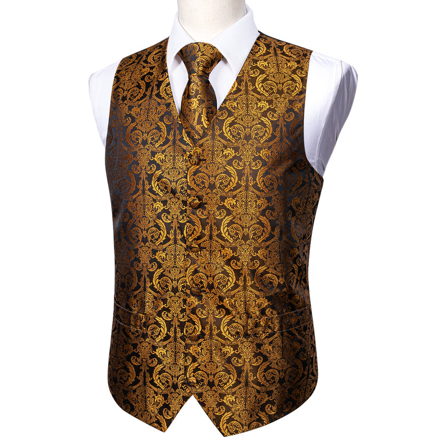 Golden Brown Paisley Jacquard Silk Men's Vest Set vest set    - Sophisticated Gentlemen