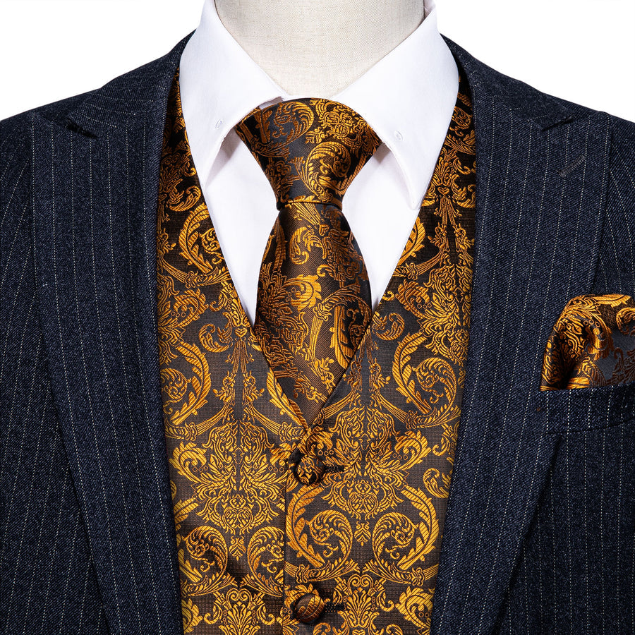 Golden Brown Paisley Jacquard Silk Men's Vest Set vest set    - Sophisticated Gentlemen