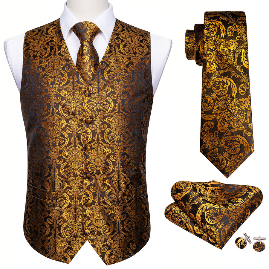 Golden Brown Paisley Jacquard Silk Men's Vest Set vest set    - Sophisticated Gentlemen