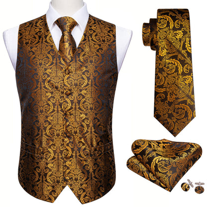 Golden Brown Paisley Jacquard Silk Men's Vest Set vest set    - Sophisticated Gentlemen