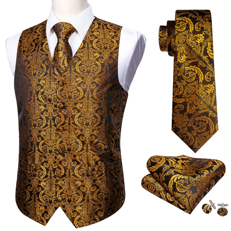 Golden Brown Paisley Jacquard Silk Men's Vest Set vest set    - Sophisticated Gentlemen
