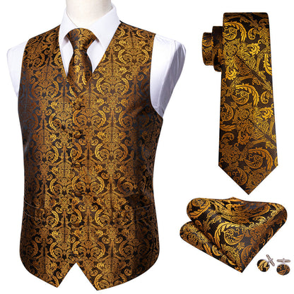 Golden Brown Paisley Jacquard Silk Men's Vest Set vest set    - Sophisticated Gentlemen