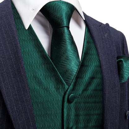 Dark Green Striped Jacquard Silk Vest Set vest set S (Chest 40")   - Sophisticated Gentlemen