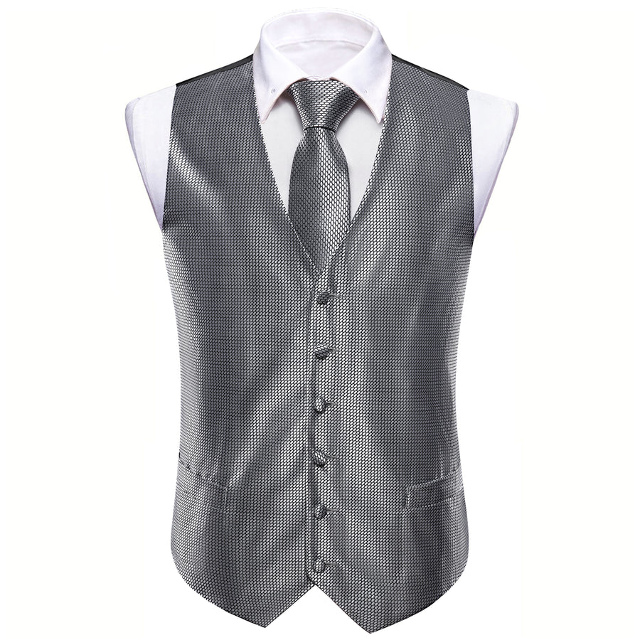 Silver Grey Polka Dot Jacquard Silk Vest Set vest set    - Sophisticated Gentlemen