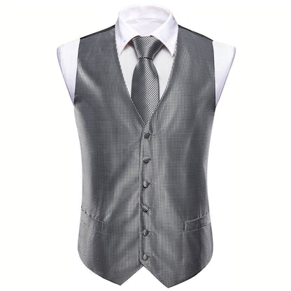 Silver Grey Polka Dot Jacquard Silk Vest Set vest set    - Sophisticated Gentlemen