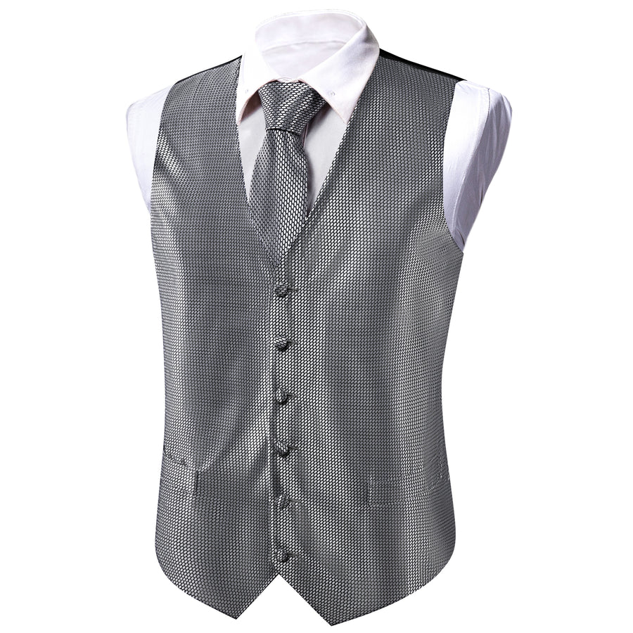 Silver Grey Polka Dot Jacquard Silk Vest Set vest set    - Sophisticated Gentlemen