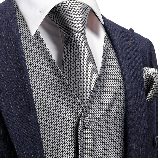 Silver Grey Polka Dot Jacquard Silk Vest Set vest set S (Chest 40")   - Sophisticated Gentlemen