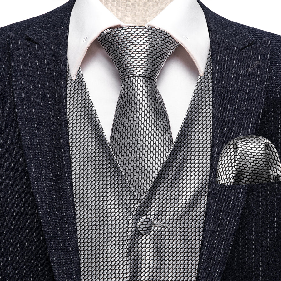 Silver Grey Polka Dot Jacquard Silk Vest Set vest set    - Sophisticated Gentlemen