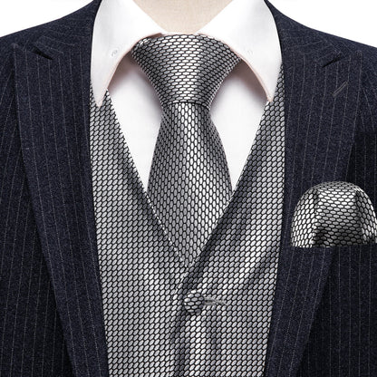 Silver Grey Polka Dot Jacquard Silk Vest Set vest set    - Sophisticated Gentlemen