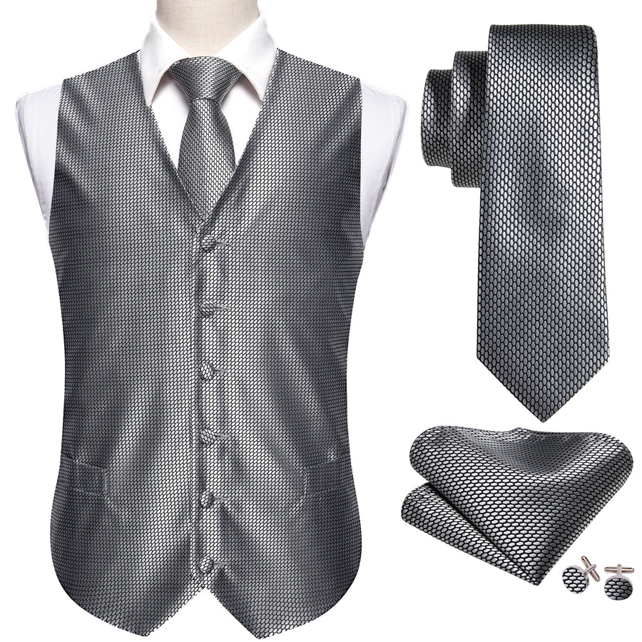 Silver Grey Polka Dot Jacquard Silk Vest Set vest set    - Sophisticated Gentlemen