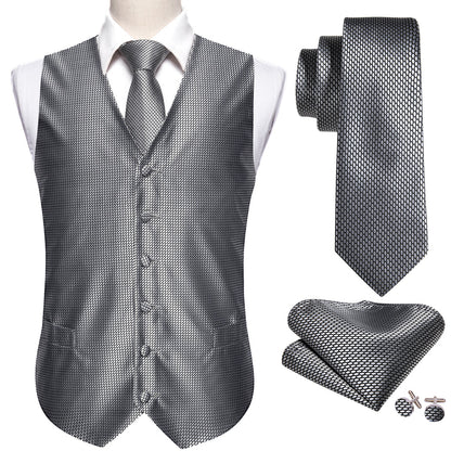 Silver Grey Polka Dot Jacquard Silk Vest Set vest set    - Sophisticated Gentlemen