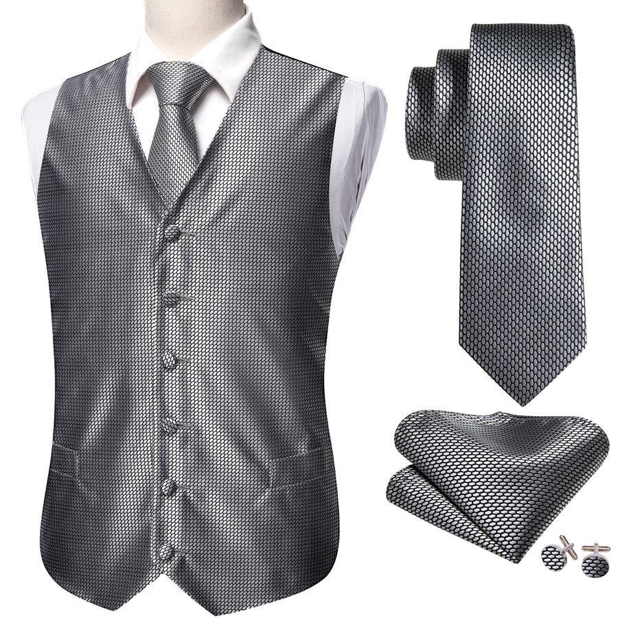 Silver Grey Polka Dot Jacquard Silk Vest Set vest set    - Sophisticated Gentlemen