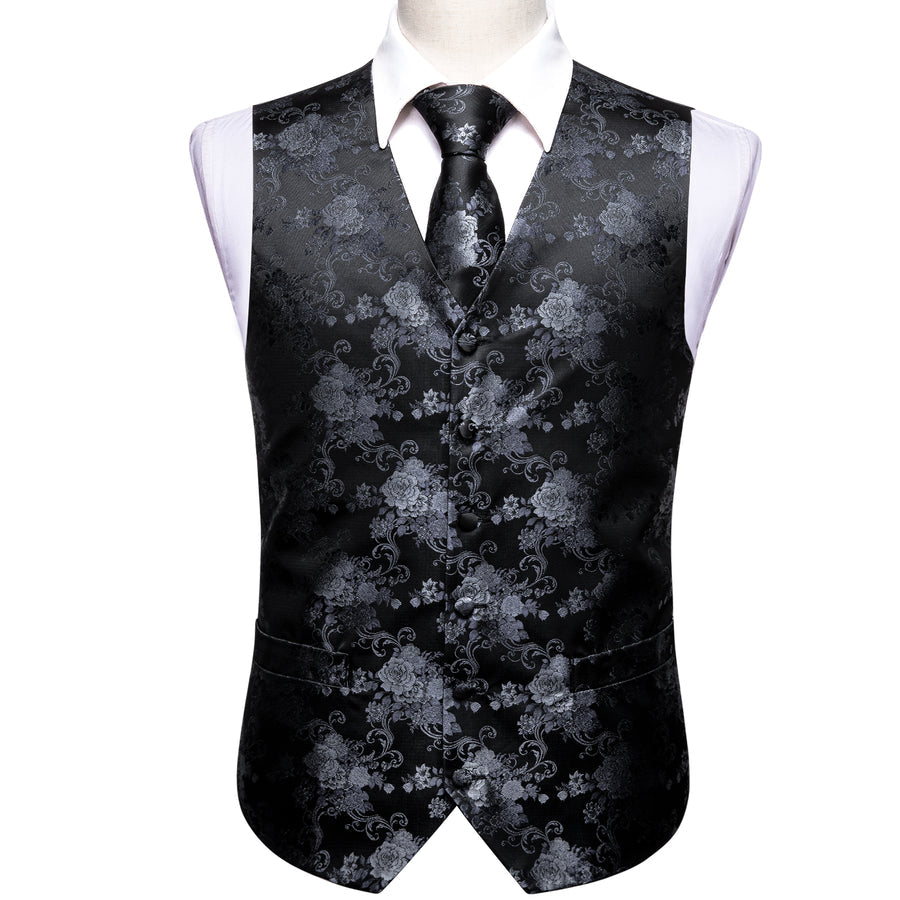 Black Grey Peony Floral Jacquard Silk Vest Set vest set    - Sophisticated Gentlemen