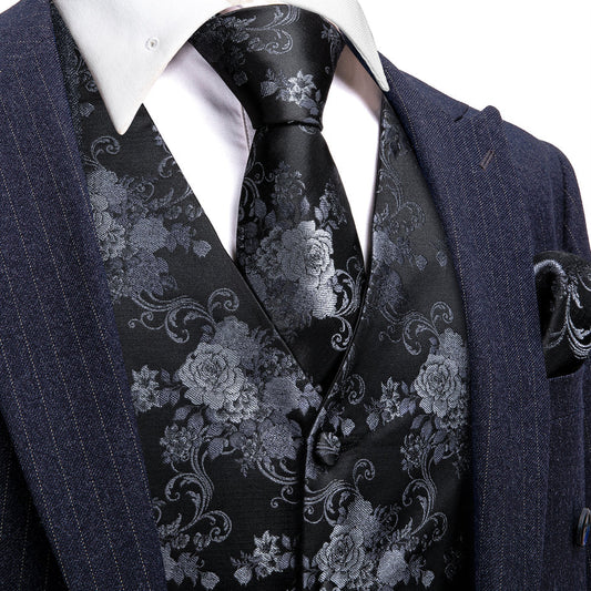 Black Grey Peony Floral Jacquard Silk Vest Set vest set S (Chest 40")   - Sophisticated Gentlemen