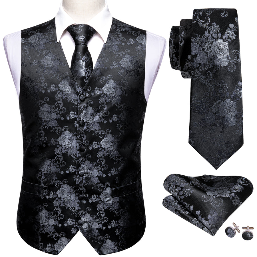 Black Grey Peony Floral Jacquard Silk Vest Set vest set    - Sophisticated Gentlemen