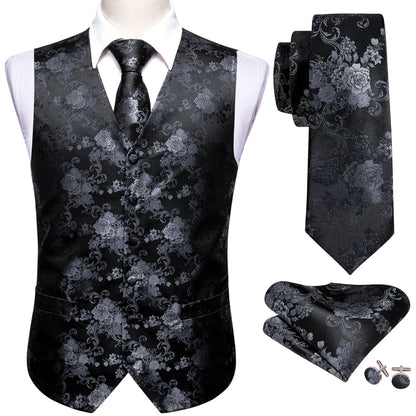 Black Grey Peony Floral Jacquard Silk Vest Set vest set    - Sophisticated Gentlemen