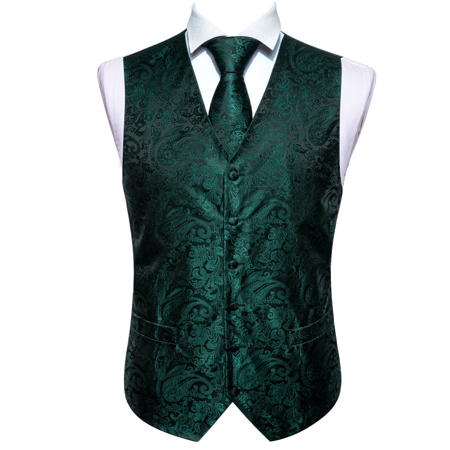 Dark Green Paisley Jacquard Silk Vest Set vest set    - Sophisticated Gentlemen