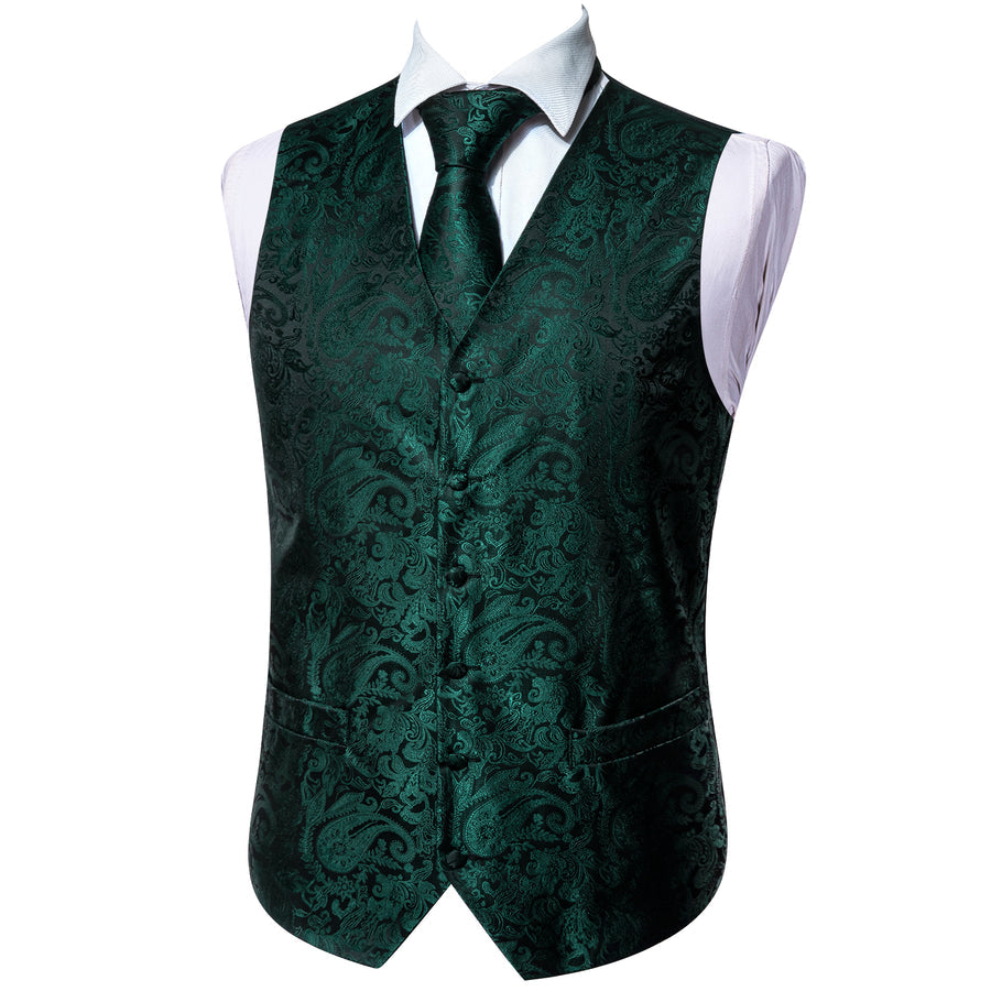 Dark Green Paisley Jacquard Silk Vest Set vest set    - Sophisticated Gentlemen
