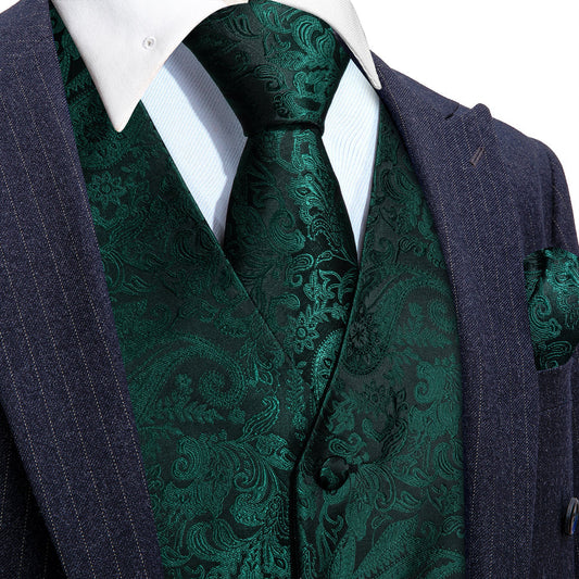 Dark Green Paisley Jacquard Silk Vest Set vest set S (Chest 40")   - Sophisticated Gentlemen
