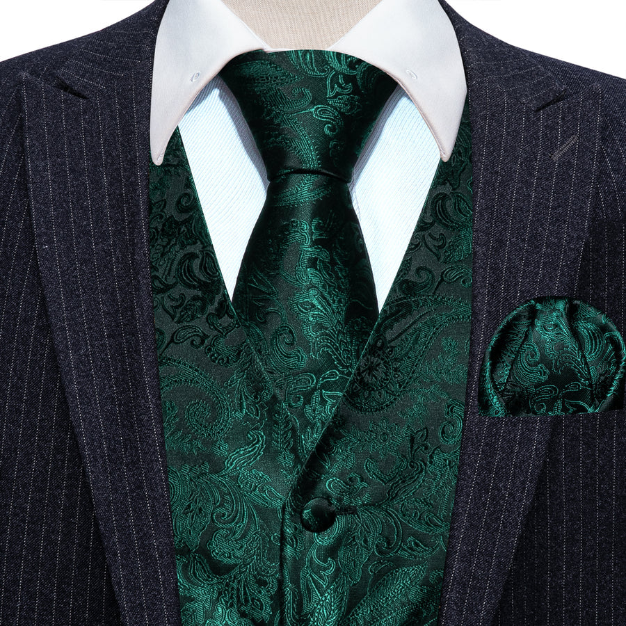Dark Green Paisley Jacquard Silk Vest Set vest set    - Sophisticated Gentlemen