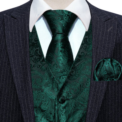 Dark Green Paisley Jacquard Silk Vest Set vest set    - Sophisticated Gentlemen