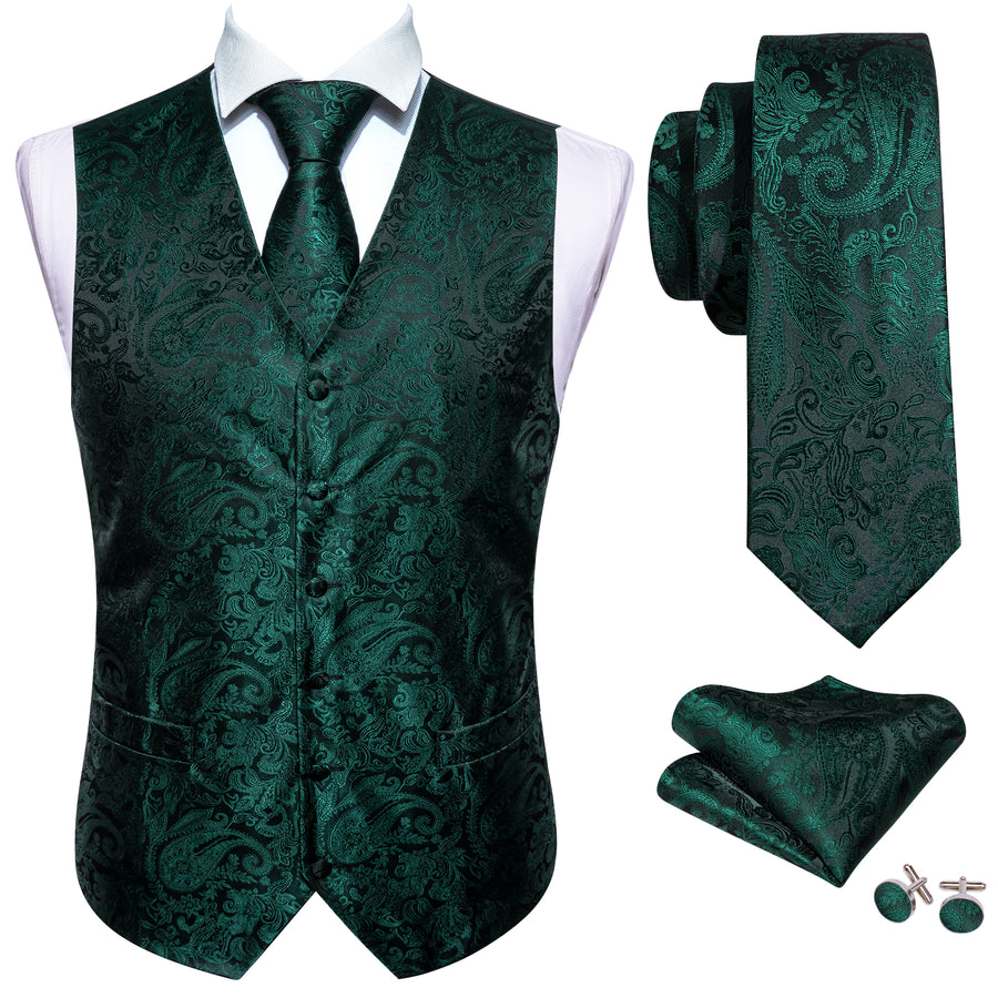 Dark Green Paisley Jacquard Silk Vest Set vest set    - Sophisticated Gentlemen