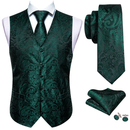 Dark Green Paisley Jacquard Silk Vest Set vest set    - Sophisticated Gentlemen
