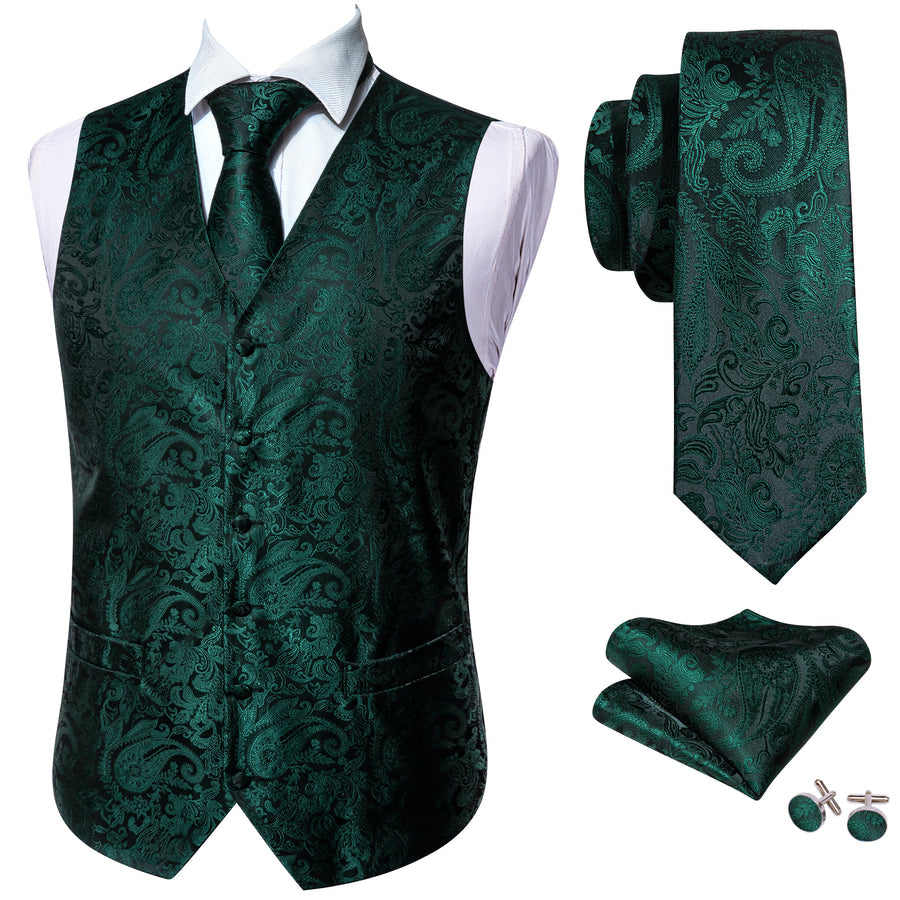 Dark Green Paisley Jacquard Silk Vest Set vest set    - Sophisticated Gentlemen