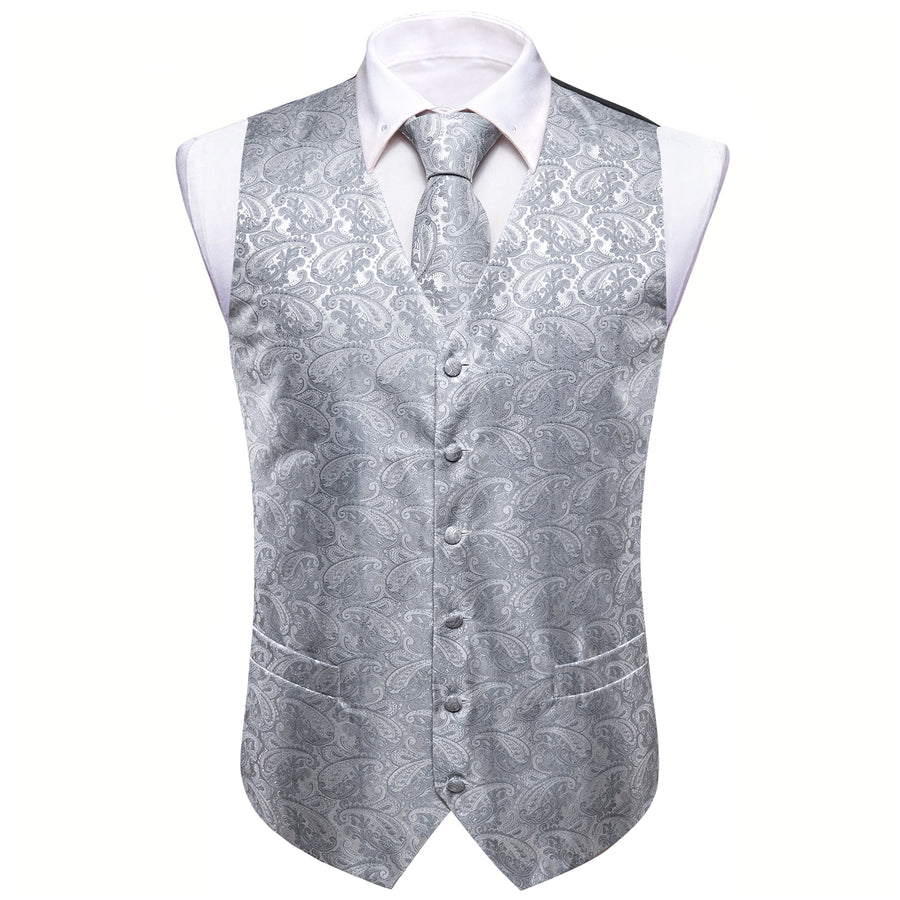Light Grey Paisley Jacquard Silk Vest Set vest set    - Sophisticated Gentlemen
