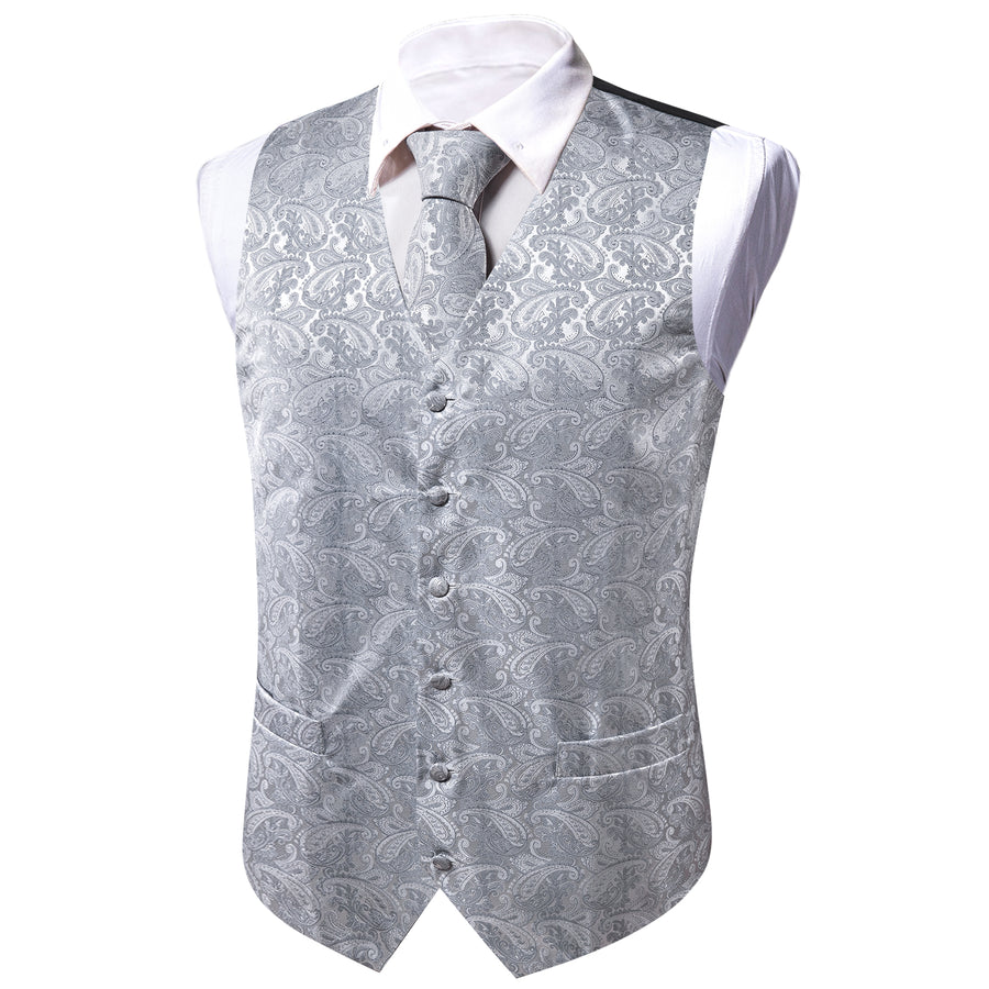 Light Grey Paisley Jacquard Silk Vest Set vest set    - Sophisticated Gentlemen