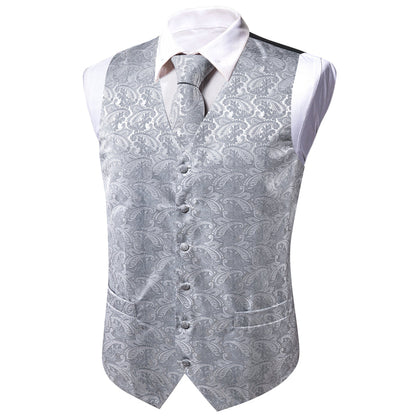 Light Grey Paisley Jacquard Silk Vest Set vest set    - Sophisticated Gentlemen