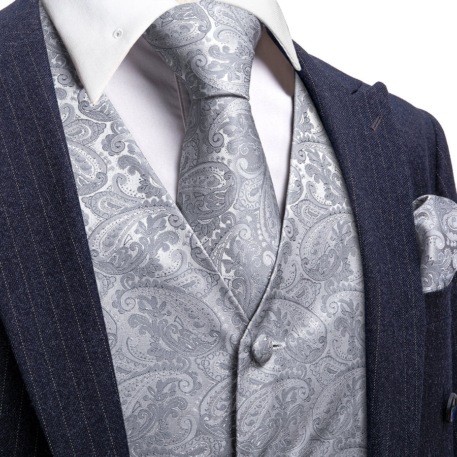 Light Grey Paisley Jacquard Silk Vest Set vest set S (Chest 40")   - Sophisticated Gentlemen