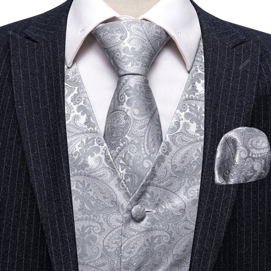 Light Grey Paisley Jacquard Silk Vest Set vest set    - Sophisticated Gentlemen