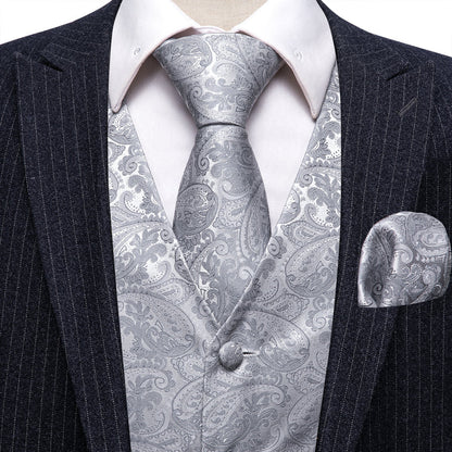 Light Grey Paisley Jacquard Silk Vest Set vest set    - Sophisticated Gentlemen