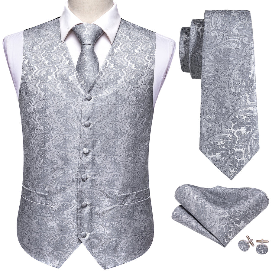 Light Grey Paisley Jacquard Silk Vest Set vest set    - Sophisticated Gentlemen
