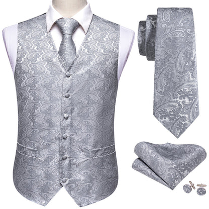 Light Grey Paisley Jacquard Silk Vest Set vest set    - Sophisticated Gentlemen
