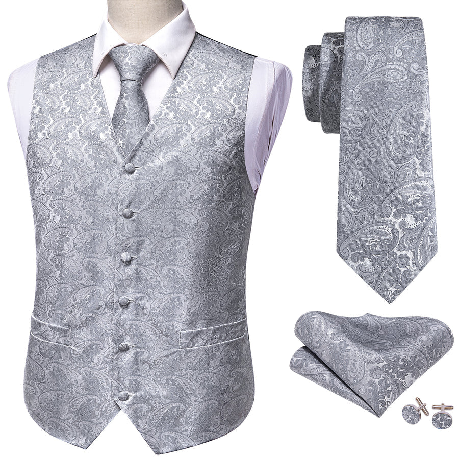 Light Grey Paisley Jacquard Silk Vest Set vest set    - Sophisticated Gentlemen