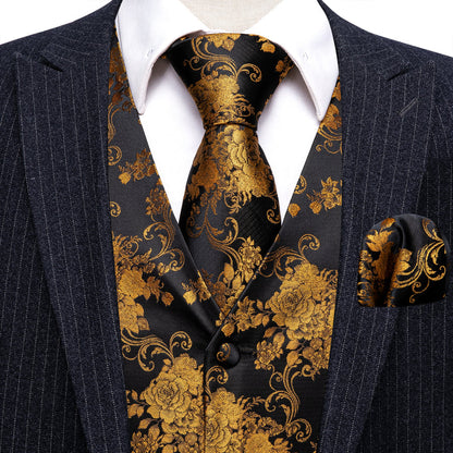 Black and Gold Peony Floral Jacquard Silk Vest Set - 4 piece vest set    - Sophisticated Gentlemen