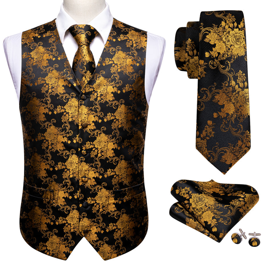 Black and Gold Peony Floral Jacquard Silk Vest Set - 4 piece vest set    - Sophisticated Gentlemen