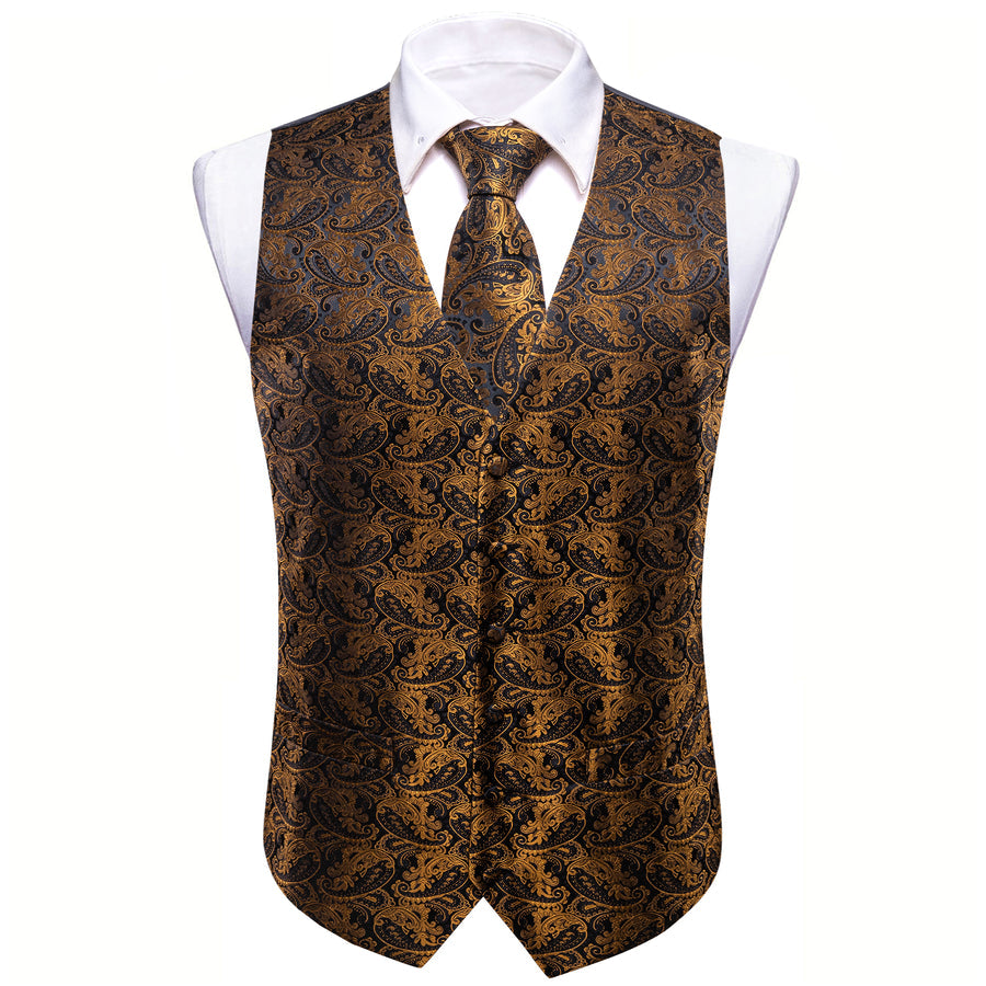 New Black Brown Paisley Jacquard Silk Vest Set vest set    - Sophisticated Gentlemen