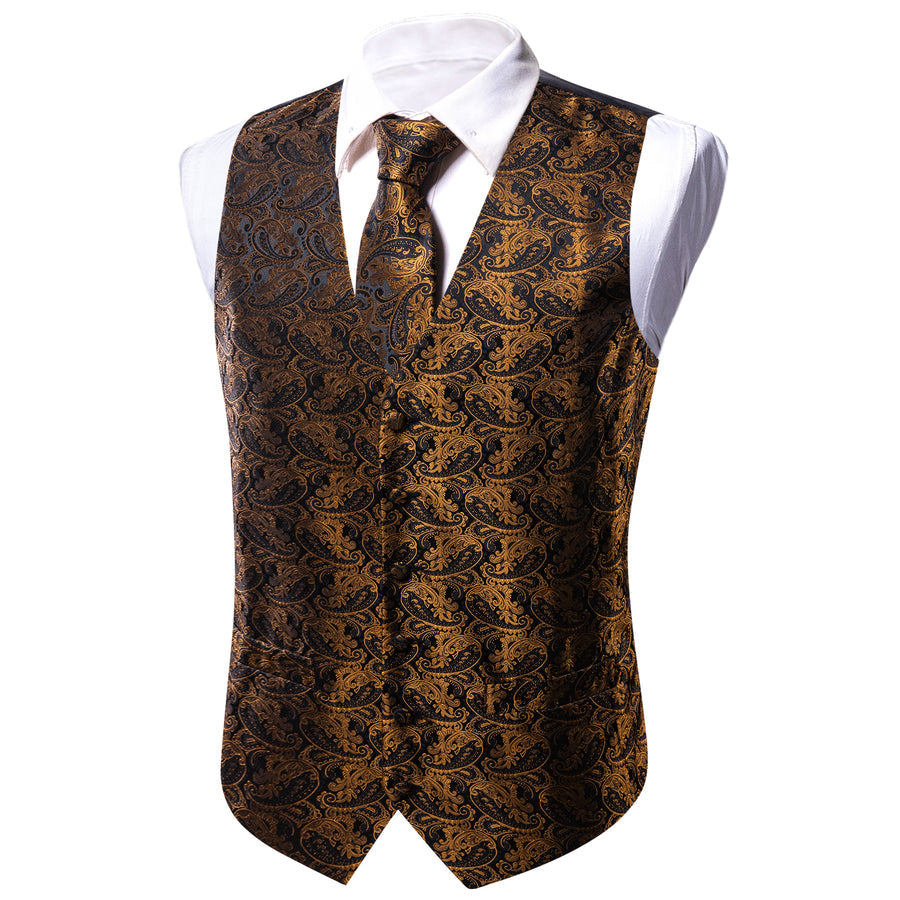 New Black Brown Paisley Jacquard Silk Vest Set vest set    - Sophisticated Gentlemen