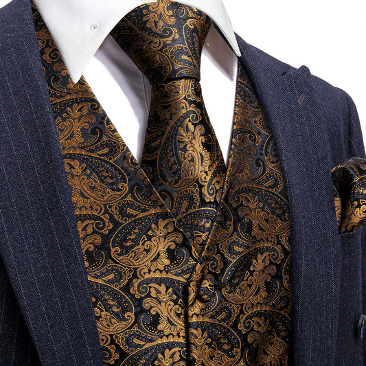 New Black Brown Paisley Jacquard Silk Vest Set vest set S (Chest 40")   - Sophisticated Gentlemen