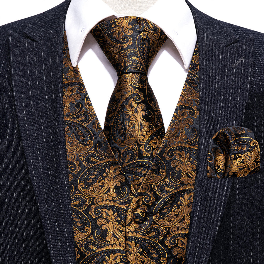 New Black Brown Paisley Jacquard Silk Vest Set vest set    - Sophisticated Gentlemen