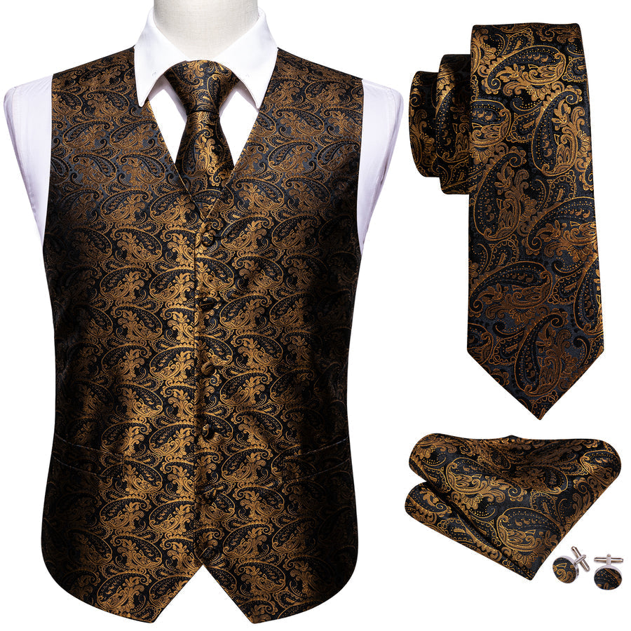 New Black Brown Paisley Jacquard Silk Vest Set vest set    - Sophisticated Gentlemen
